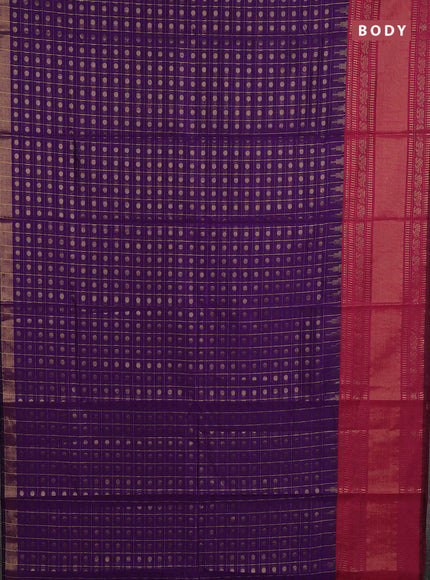 Semi dupion saree violet and magenta pink with allover zari checks & 1000 buttas and long temple zari woven border