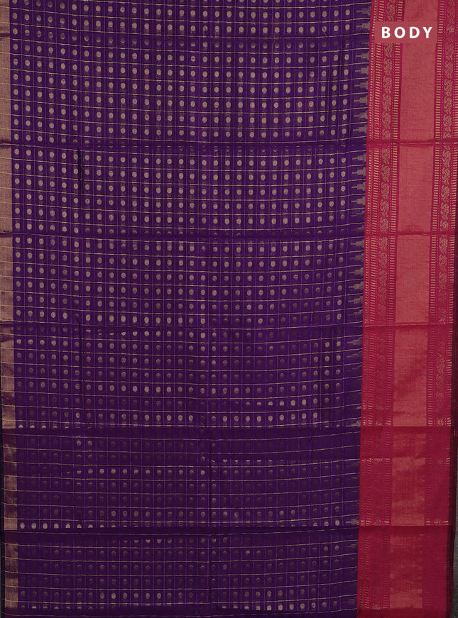 Semi dupion saree violet and magenta pink with allover zari checks & 1000 buttas and long temple zari woven border