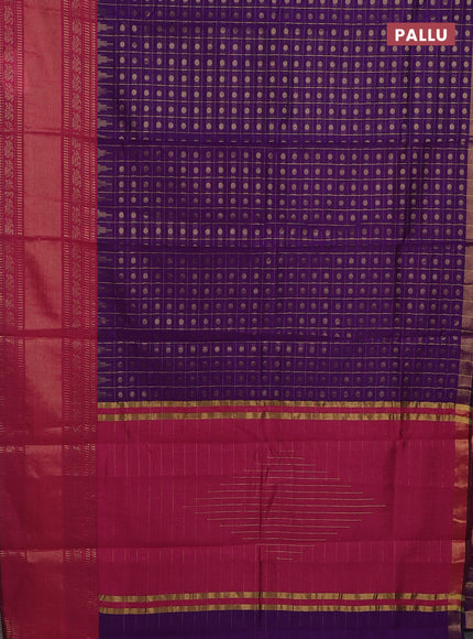 Semi dupion saree violet and magenta pink with allover zari checks & 1000 buttas and long temple zari woven border