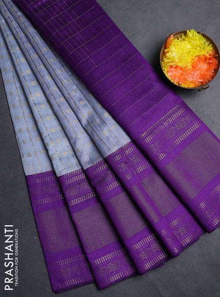 Semi dupion saree grey and violet with allover zari checks & 1000 buttas and long temple zari woven border