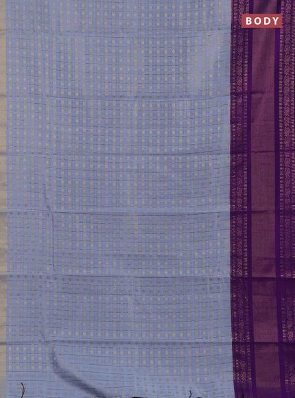 Semi dupion saree grey and violet with allover zari checks & 1000 buttas and long temple zari woven border