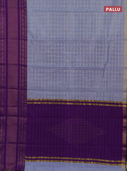 Semi dupion saree grey and violet with allover zari checks & 1000 buttas and long temple zari woven border