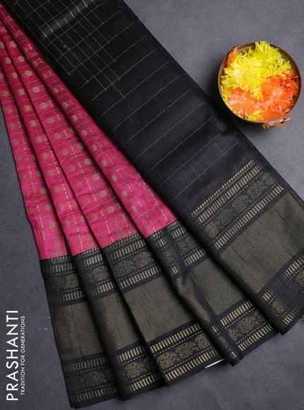 Semi dupion saree dark pink and black with allover zari checks & 1000 buttas and long temple zari woven border