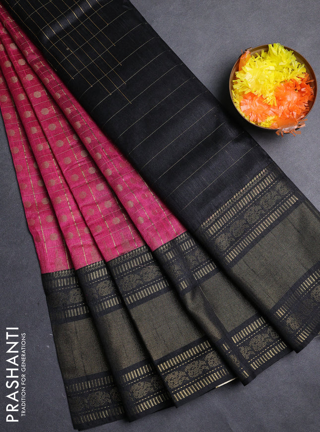 Semi dupion saree dark pink and black with allover zari checks & 1000 buttas and long temple zari woven border