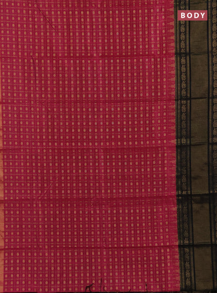 Semi dupion saree dark pink and black with allover zari checks & 1000 buttas and long temple zari woven border