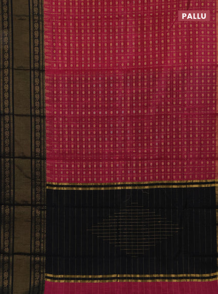 Semi dupion saree dark pink and black with allover zari checks & 1000 buttas and long temple zari woven border
