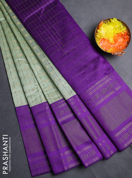Semi dupion saree pastel green and violet with allover zari checks & 1000 buttas and long temple zari woven border
