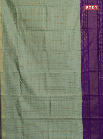 Semi dupion saree pastel green and violet with allover zari checks & 1000 buttas and long temple zari woven border