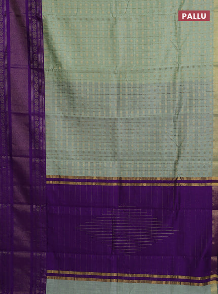 Semi dupion saree pastel green and violet with allover zari checks & 1000 buttas and long temple zari woven border