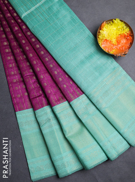 Semi dupion saree purple and teal green shade with allover zari checks & 1000 buttas and long temple zari woven border