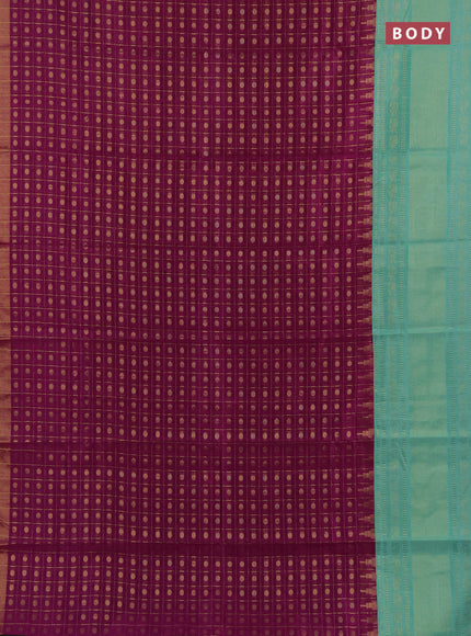 Semi dupion saree purple and teal green shade with allover zari checks & 1000 buttas and long temple zari woven border