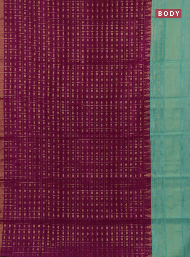 Semi dupion saree purple and teal green shade with allover zari checks & 1000 buttas and long temple zari woven border