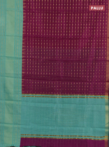 Semi dupion saree purple and teal green shade with allover zari checks & 1000 buttas and long temple zari woven border