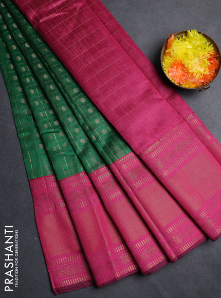 Semi dupion saree green and magenta pink with allover zari checks & 1000 buttas and long temple zari woven border