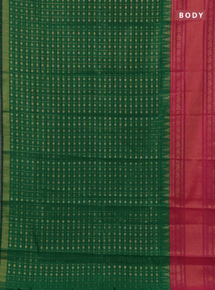 Semi dupion saree green and magenta pink with allover zari checks & 1000 buttas and long temple zari woven border