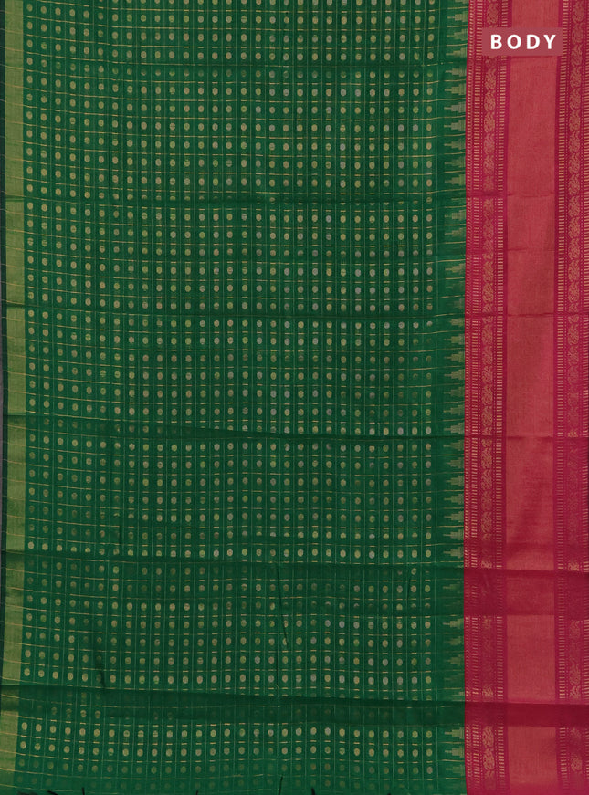 Semi dupion saree green and magenta pink with allover zari checks & 1000 buttas and long temple zari woven border