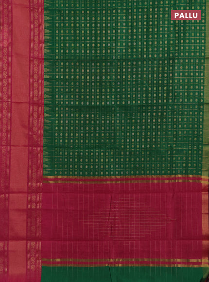 Semi dupion saree green and magenta pink with allover zari checks & 1000 buttas and long temple zari woven border