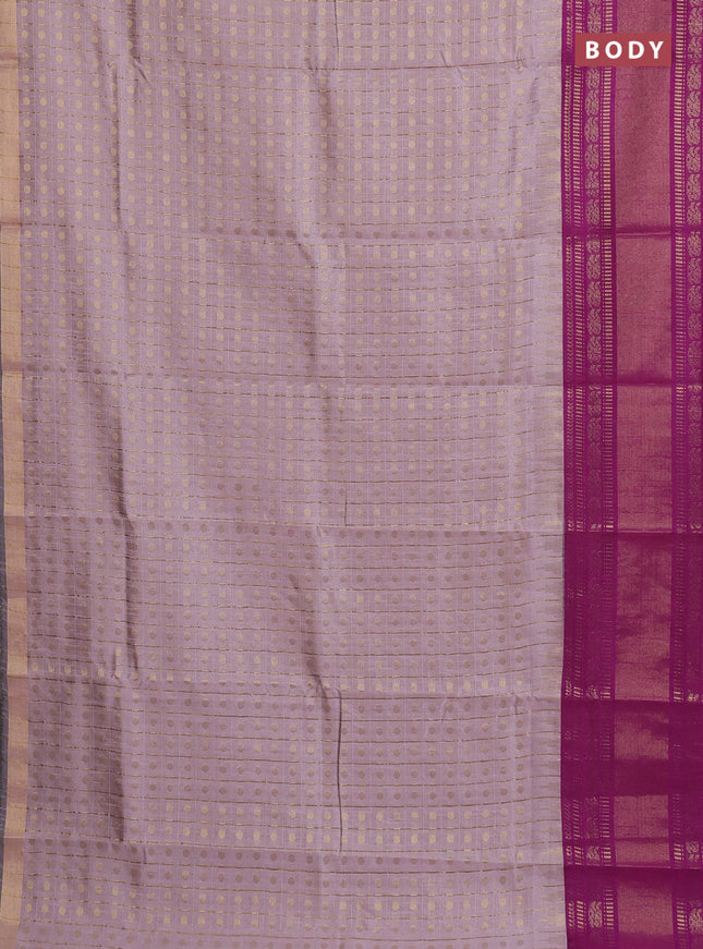 Semi dupion saree pastel pink and purple with allover zari checks & 1000 buttas and long temple zari woven border