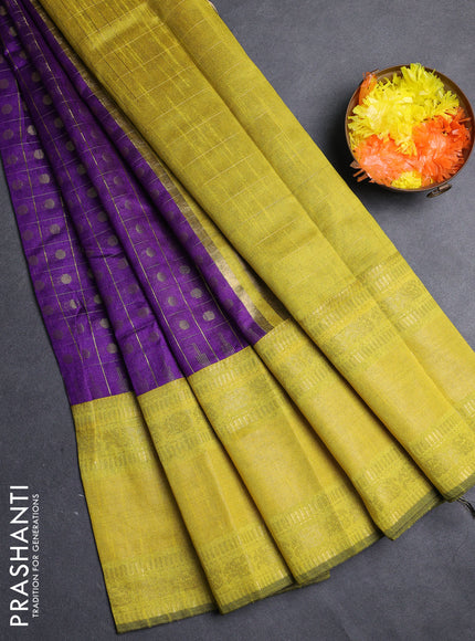 Semi dupion saree violet and lime yellow with allover zari checks & 1000 buttas and long temple zari woven border