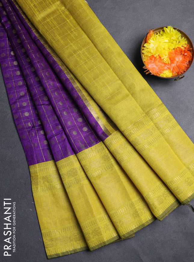 Semi dupion saree violet and lime yellow with allover zari checks & 1000 buttas and long temple zari woven border