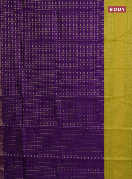 Semi dupion saree violet and lime yellow with allover zari checks & 1000 buttas and long temple zari woven border