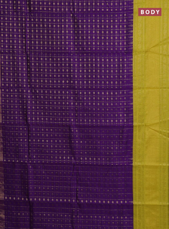 Semi dupion saree violet and lime yellow with allover zari checks & 1000 buttas and long temple zari woven border