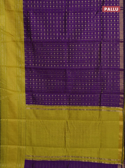 Semi dupion saree violet and lime yellow with allover zari checks & 1000 buttas and long temple zari woven border