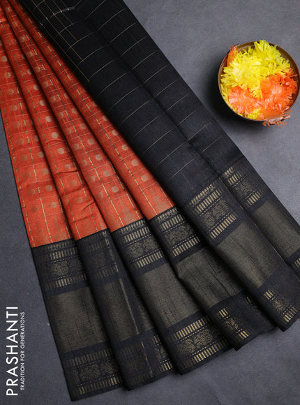 Semi dupion saree rust shade and black with allover zari checks & 1000 buttas and long temple zari woven border