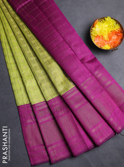 Semi dupion saree light green and purple with allover zari checks & 1000 buttas and long temple zari woven border