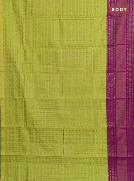 Semi dupion saree light green and purple with allover zari checks & 1000 buttas and long temple zari woven border