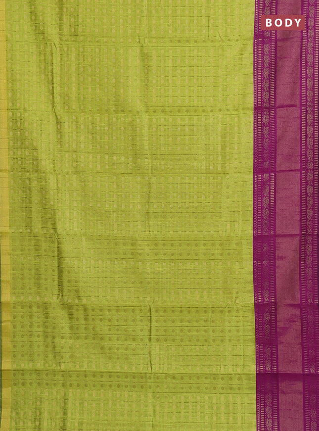 Semi dupion saree light green and purple with allover zari checks & 1000 buttas and long temple zari woven border
