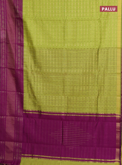 Semi dupion saree light green and purple with allover zari checks & 1000 buttas and long temple zari woven border