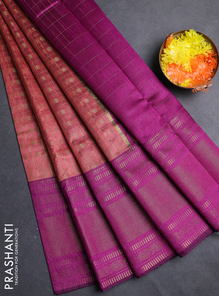 Semi dupion saree dark peach and magenta pink with allover zari checks & 1000 buttas and long temple zari woven border