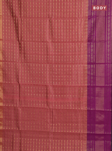 Semi dupion saree dark peach and magenta pink with allover zari checks & 1000 buttas and long temple zari woven border