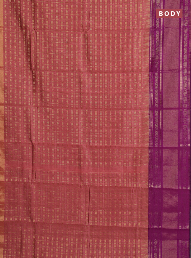Semi dupion saree dark peach and magenta pink with allover zari checks & 1000 buttas and long temple zari woven border