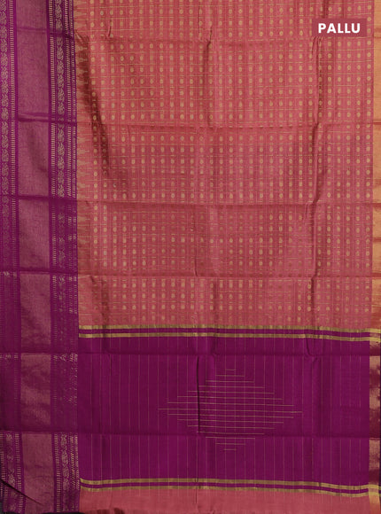 Semi dupion saree dark peach and magenta pink with allover zari checks & 1000 buttas and long temple zari woven border
