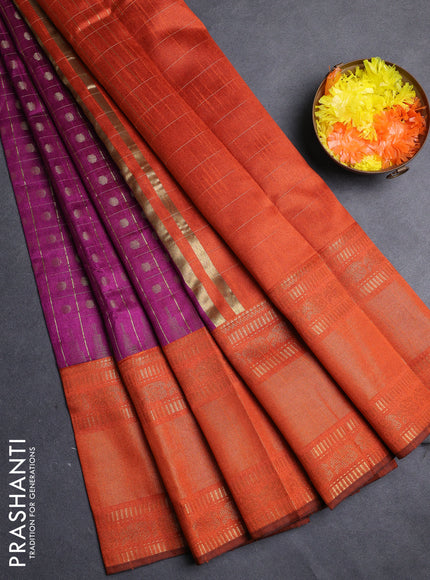 Semi dupion saree dark magenta and rust shade with allover zari checks & 1000 buttas and long temple zari woven border