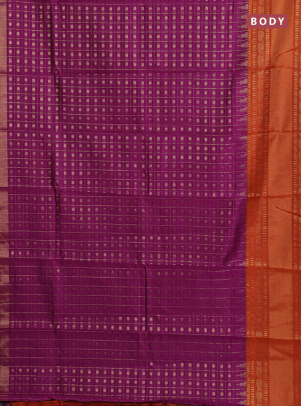 Semi dupion saree dark magenta and rust shade with allover zari checks & 1000 buttas and long temple zari woven border