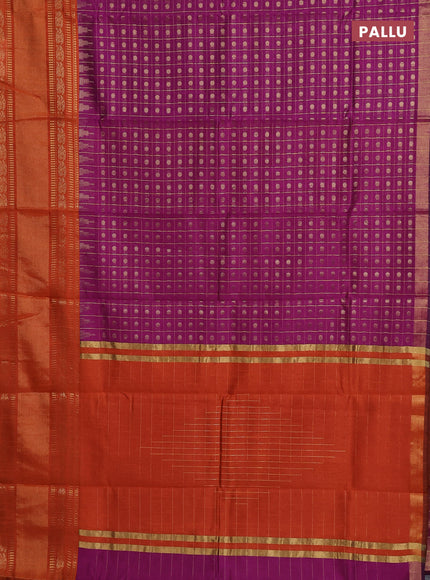 Semi dupion saree dark magenta and rust shade with allover zari checks & 1000 buttas and long temple zari woven border