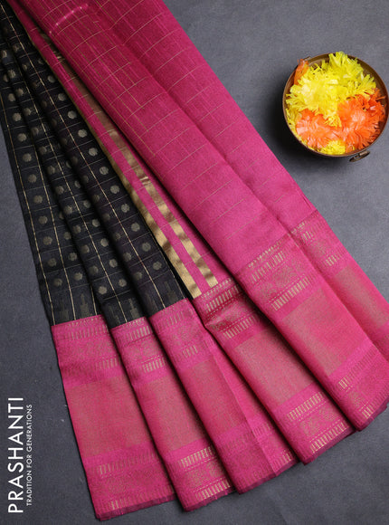 Semi dupion saree black and pink with allover zari checks & 1000 buttas and long temple zari woven border