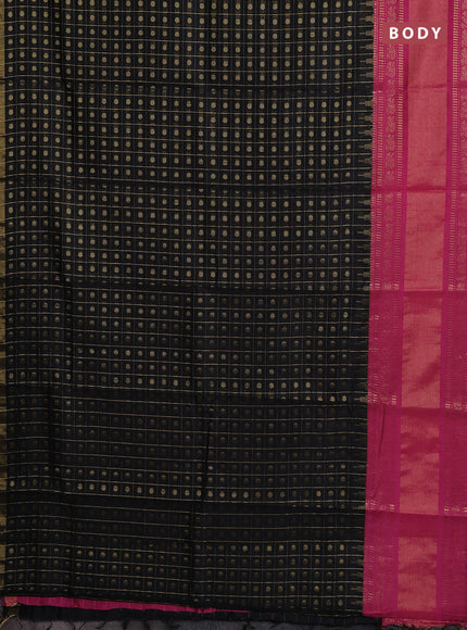 Semi dupion saree black and pink with allover zari checks & 1000 buttas and long temple zari woven border
