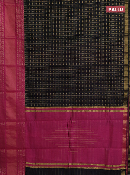 Semi dupion saree black and pink with allover zari checks & 1000 buttas and long temple zari woven border