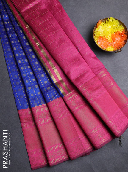 Semi dupion saree blue and pink with allover zari checks & 1000 buttas and long temple zari woven border