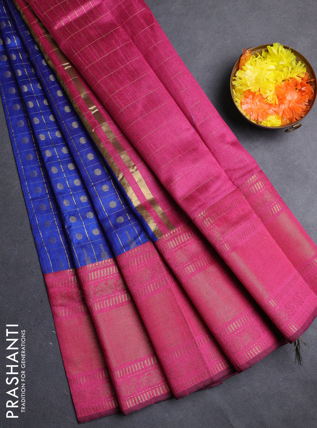 Semi dupion saree blue and pink with allover zari checks & 1000 buttas and long temple zari woven border