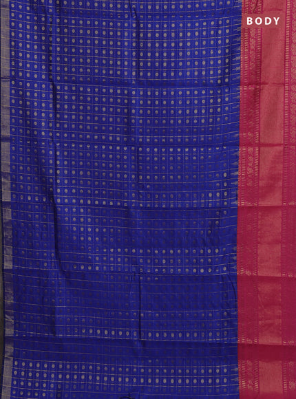 Semi dupion saree blue and pink with allover zari checks & 1000 buttas and long temple zari woven border
