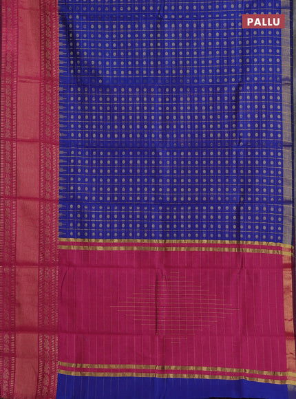 Semi dupion saree blue and pink with allover zari checks & 1000 buttas and long temple zari woven border