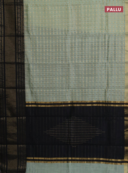 Semi dupion saree pista green and black with allover zari checks & 1000 buttas and long temple zari woven border