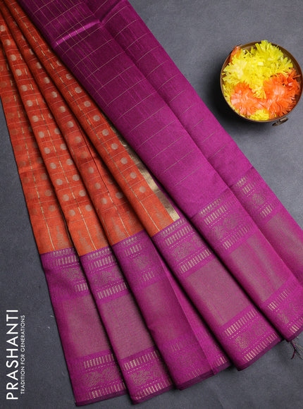 Semi dupion saree rust shade and purple with allover zari checks & 1000 buttas and long temple zari woven border