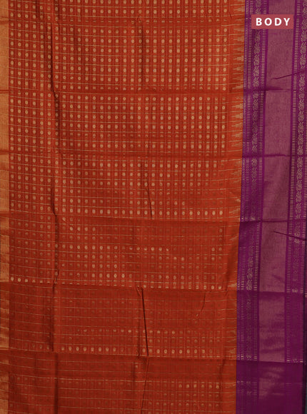 Semi dupion saree rust shade and purple with allover zari checks & 1000 buttas and long temple zari woven border