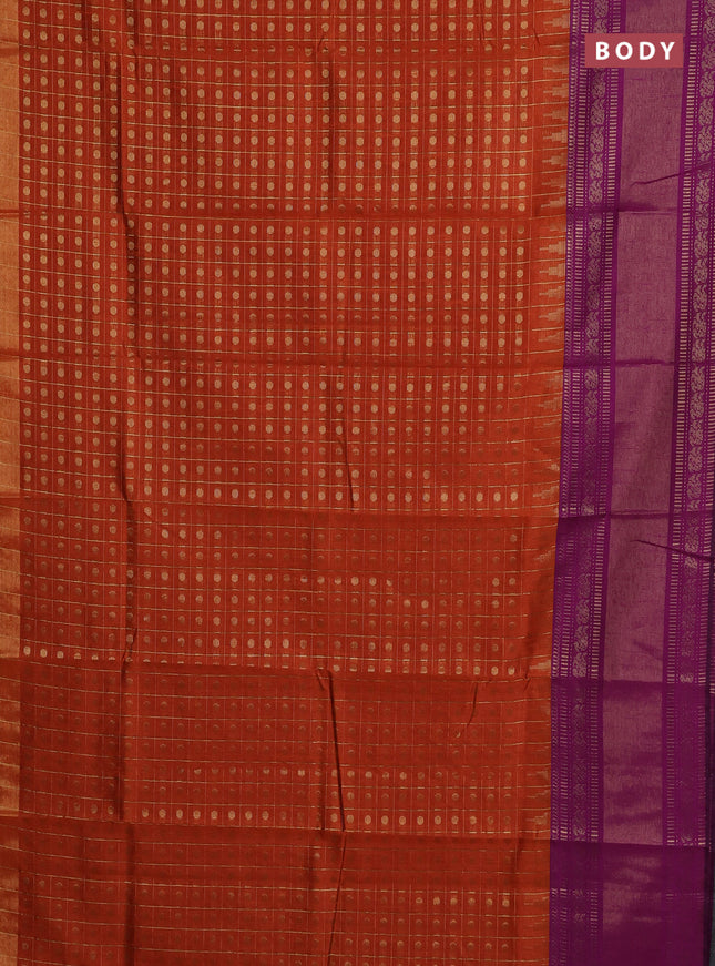 Semi dupion saree rust shade and purple with allover zari checks & 1000 buttas and long temple zari woven border